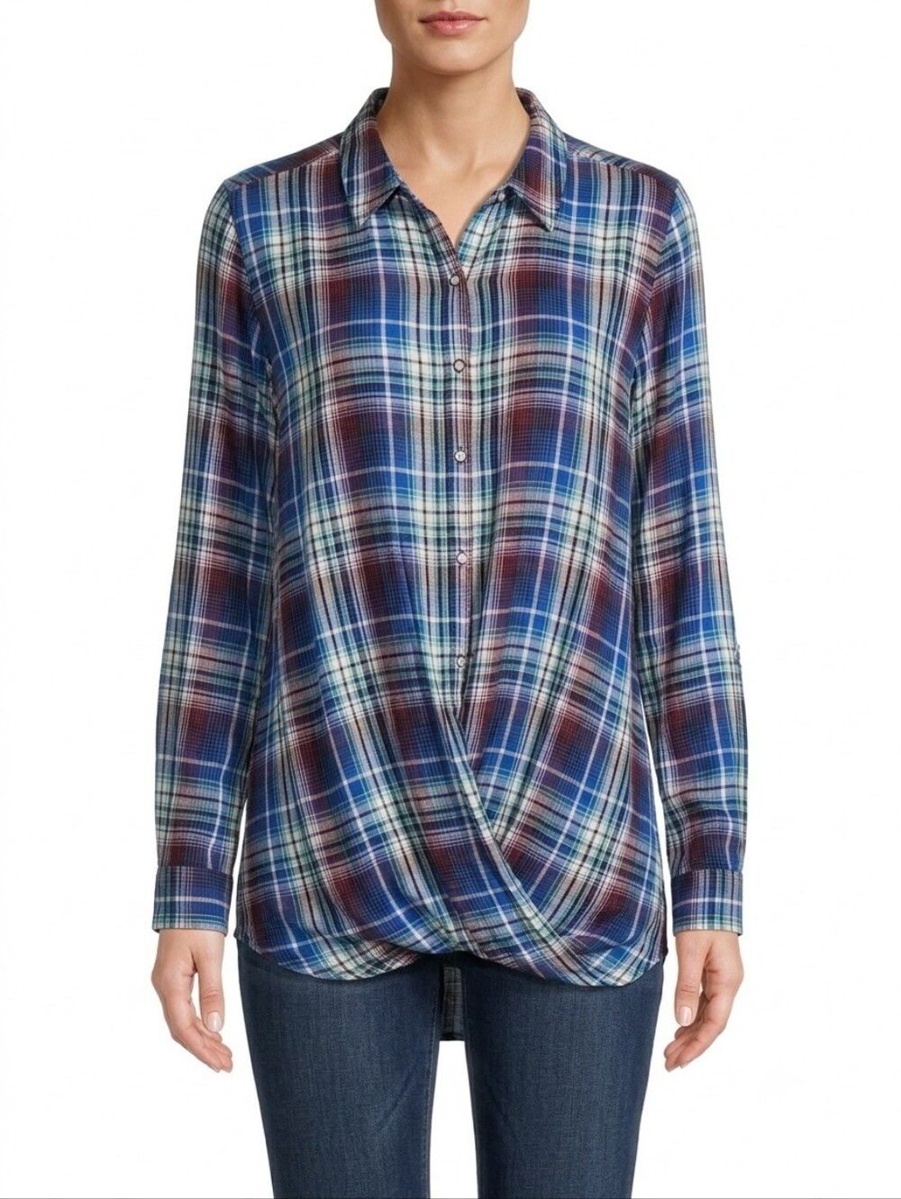 C Est 1946 Tunic Top 18/20W Blue Plaid Crossover Hem Pullover Roll Tab Sleeve